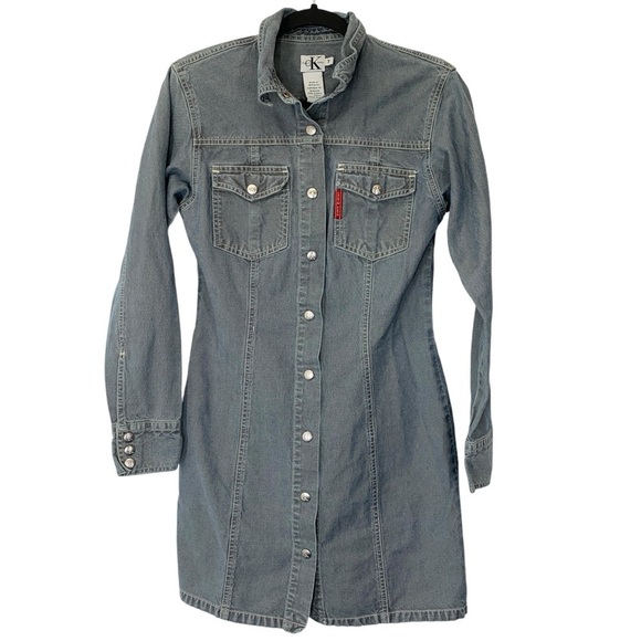 Calvin Klein Jeans Shirtdress Womens 6 Blue Snap Buttons Y2K Vintage Denim - Picture 1 of 8